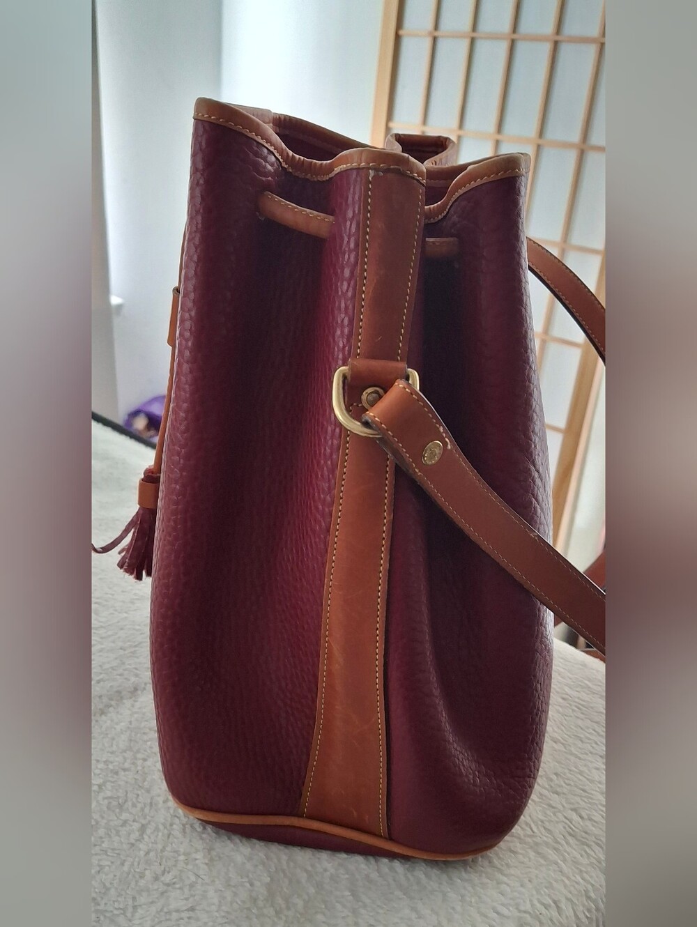 Dooney & Bourke Burgundy and Brown Pebbled Leather Drawstring Shoulder Bag - Picture 5 of 10